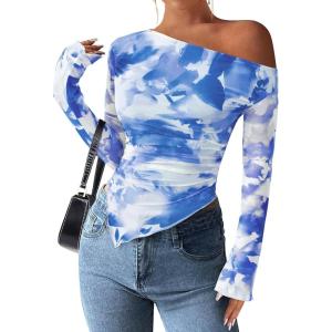 imagePRETTYGARDEN Womens Fall Trendy Off Shoulder Y2k Tops 2025 Tie Dye Mesh Long Sleeve Shirts Asymmetrical Ruched Floral BlouseFloral Light Blue