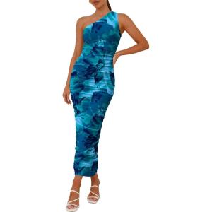 imagePRETTYGARDEN Womens One Shoulder Bodycon Dresses Summer 2025 Ruched Floral Beach Cocktail Wedding Guest DressLake Blue Floral