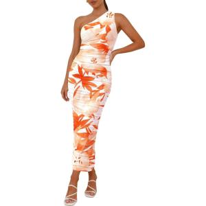 imagePRETTYGARDEN Womens One Shoulder Bodycon Dresses Summer 2025 Ruched Floral Beach Cocktail Wedding Guest DressLight Orange