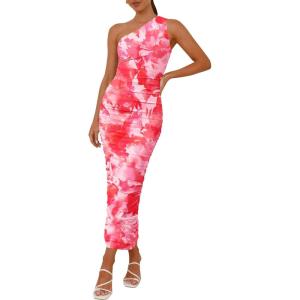 imagePRETTYGARDEN Womens One Shoulder Bodycon Dresses Summer 2025 Ruched Floral Beach Cocktail Wedding Guest DressPink