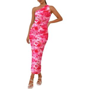 imagePRETTYGARDEN Womens One Shoulder Bodycon Dresses Summer 2025 Ruched Floral Beach Cocktail Wedding Guest DressPink Floral