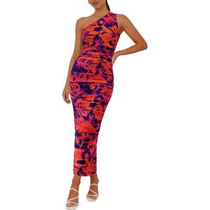 imagePRETTYGARDEN Womens One Shoulder Bodycon Dresses Summer 2025 Ruched Floral Beach Cocktail Wedding Guest DressPurple Orange