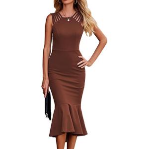 imagePRETTYGARDEN Womens Sleeveless Midi Bodycon Formal Dress Ruffle Mermaid Hem Elegant Cocktail Wedding Guest Midi DressesCoffee