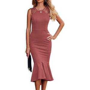 imagePRETTYGARDEN Womens Sleeveless Midi Bodycon Formal Dress Ruffle Mermaid Hem Elegant Cocktail Wedding Guest Midi DressesDark Pink