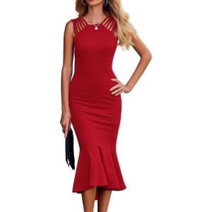 imagePRETTYGARDEN Womens Sleeveless Midi Bodycon Formal Dress Ruffle Mermaid Hem Elegant Cocktail Wedding Guest Midi DressesRed