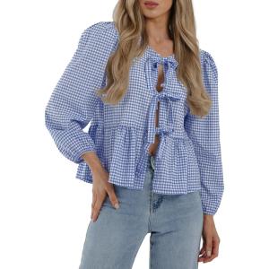 imagePRETTYGARDEN Womens Spring Fall Babydoll Peplum Blouse Shirt Puff Long Sleeve Bow Tie Front Trendy Cute Y2K Going Out TopsPlaid Blue