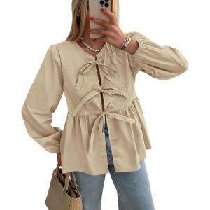 imagePRETTYGARDEN Womens Spring Fall Babydoll Peplum Blouse Shirt Puff Long Sleeve Bow Tie Front Trendy Cute Y2K Going Out TopsSolid Apricot