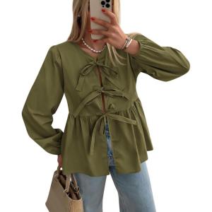 imagePRETTYGARDEN Womens Spring Fall Babydoll Peplum Blouse Shirt Puff Long Sleeve Bow Tie Front Trendy Cute Y2K Going Out TopsSolid Army Green