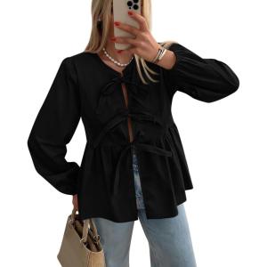 imagePRETTYGARDEN Womens Spring Fall Babydoll Peplum Blouse Shirt Puff Long Sleeve Bow Tie Front Trendy Cute Y2K Going Out TopsSolid Black