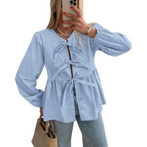 imagePRETTYGARDEN Womens Spring Fall Babydoll Peplum Blouse Shirt Puff Long Sleeve Bow Tie Front Trendy Cute Y2K Going Out TopsSolid Light Blue