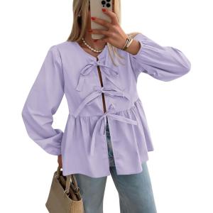 imagePRETTYGARDEN Womens Spring Fall Babydoll Peplum Blouse Shirt Puff Long Sleeve Bow Tie Front Trendy Cute Y2K Going Out TopsSolid Light Purple