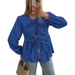 imagePRETTYGARDEN Womens Spring Fall Babydoll Peplum Blouse Shirt Puff Long Sleeve Bow Tie Front Trendy Cute Y2K Going Out TopsSolid Royal Blue