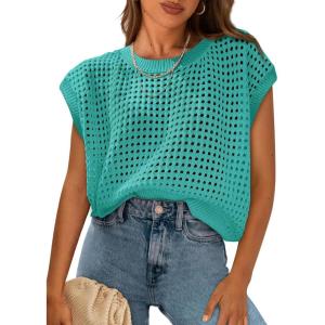 imagePRETTYGARDEN Womens Spring Tops 2025 Summer Shirts Crochet Cap Sleeve Sweater Pullover Cute Beach Vacation ClothesBlue Green