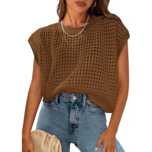 imagePRETTYGARDEN Womens Spring Tops 2025 Summer Shirts Crochet Cap Sleeve Sweater Pullover Cute Beach Vacation ClothesBrown