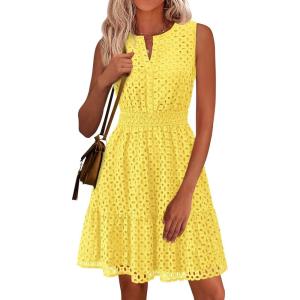 imagePRETTYGARDEN Womens Summer Dresses 2025 Sleeveless V Neck Eyelet Hollow Out Swing A Line Beach Vacation Sun DressYellow