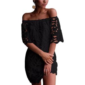 imagePRETTYGARDEN Womens Summer Off Shoulder Dresses Floral Lace Flare Short Sleeve Spring Vintage Elegant Mini DressBlack