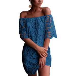 imagePRETTYGARDEN Womens Summer Off Shoulder Dresses Floral Lace Flare Short Sleeve Spring Vintage Elegant Mini DressLake Blue