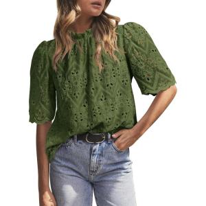 imagePRETTYGARDEN Womens Summer Tops 2025 Trendy Short Sleeve Eyelet Embroidered Dressy Casual Blouse ShirtsArmy Green