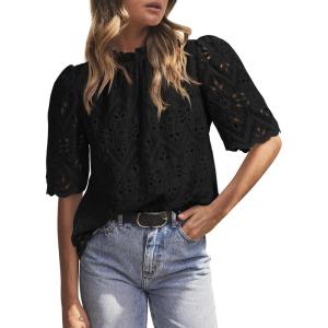 imagePRETTYGARDEN Womens Summer Tops 2025 Trendy Short Sleeve Eyelet Embroidered Dressy Casual Blouse ShirtsBlack