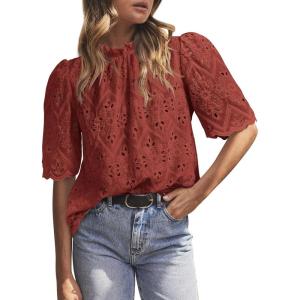 imagePRETTYGARDEN Womens Summer Tops 2025 Trendy Short Sleeve Eyelet Embroidered Dressy Casual Blouse ShirtsBrown Red