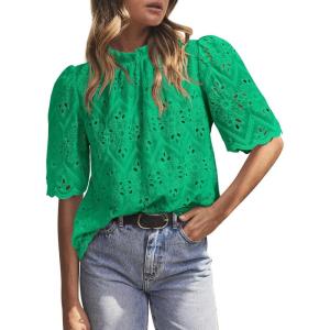 imagePRETTYGARDEN Womens Summer Tops 2025 Trendy Short Sleeve Eyelet Embroidered Dressy Casual Blouse ShirtsGreen