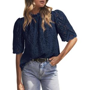 imagePRETTYGARDEN Womens Summer Tops 2025 Trendy Short Sleeve Eyelet Embroidered Dressy Casual Blouse ShirtsNavy