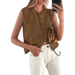imagePRETTYGARDEN Womens Sweater Vest Cardigans 2025 Fall Lightweight Casual Sleeveless Button Down Knit Tank TopsCoffee