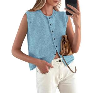 imagePRETTYGARDEN Womens Sweater Vest Cardigans 2025 Fall Lightweight Casual Sleeveless Button Down Knit Tank TopsLight Blue