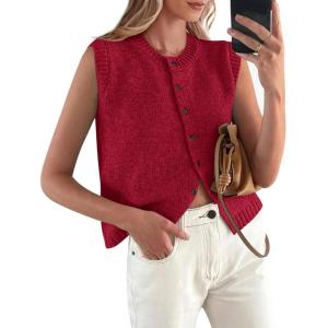 imagePRETTYGARDEN Womens Sweater Vest Cardigans 2025 Fall Lightweight Casual Sleeveless Button Down Knit Tank TopsWine Red