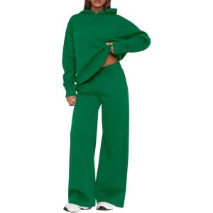 imagePRETTYGARDEN Womens Sweatsuits 2 Piece Set 2025 Casual Winter Long Sleeve Hoodie Loose Wide Leg Sweatpants Fall TracksuitGreen