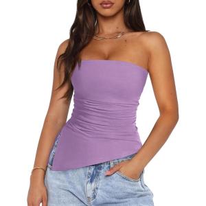 imagePRETTYGARDEN Womens Tube Top 2025 Summer Trendy Strapless Tops Going Out Outfits Ruched Asymmetrical Bandeau ShirtsPurple