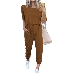 imagePRETTYGARDEN Womens Two Piece Sets 2025 Summer Spring Jogger Pants Travel Vacation Lounge Outfits Airplane Matching ClothesDark Brown