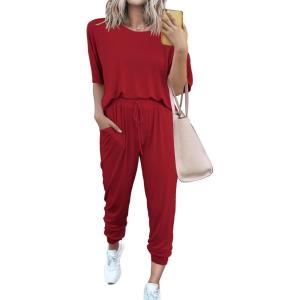 imagePRETTYGARDEN Womens Two Piece Sets 2025 Summer Spring Jogger Pants Travel Vacation Lounge Outfits Airplane Matching ClothesRed
