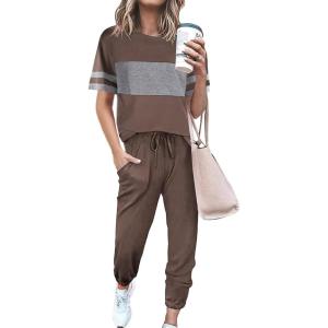 imagePRETTYGARDEN Womens Two Piece Sets 2025 Summer Spring Jogger Pants Travel Vacation Lounge Outfits Airplane Matching ClothesStriped Dark Khaki
