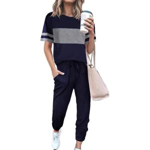 imagePRETTYGARDEN Womens Two Piece Sets 2025 Summer Spring Jogger Pants Travel Vacation Lounge Outfits Airplane Matching ClothesStriped Navy