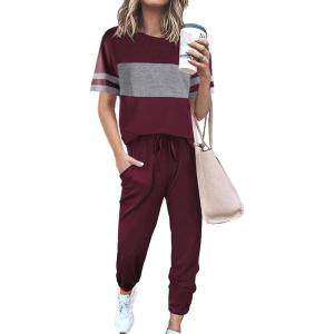 imagePRETTYGARDEN Womens Two Piece Sets 2025 Summer Spring Jogger Pants Travel Vacation Lounge Outfits Airplane Matching ClothesStriped Wine Red