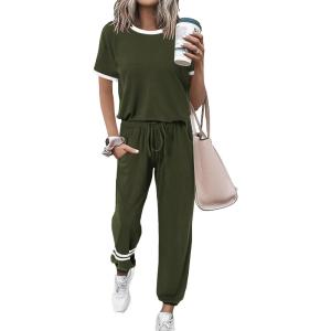 imagePRETTYGARDEN Womens Two Piece Sets 2025 Summer Spring Jogger Pants Travel Vacation Lounge Outfits Airplane Matching ClothesStripes Army Green