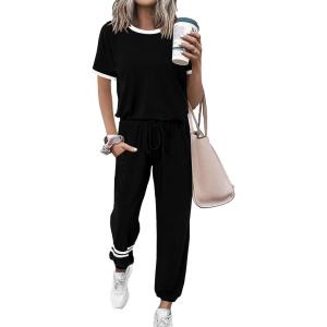 imagePRETTYGARDEN Womens Two Piece Sets 2025 Summer Spring Jogger Pants Travel Vacation Lounge Outfits Airplane Matching ClothesStripes Black