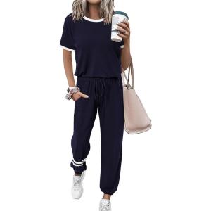 imagePRETTYGARDEN Womens Two Piece Sets 2025 Summer Spring Jogger Pants Travel Vacation Lounge Outfits Airplane Matching ClothesStripes Dark Blue