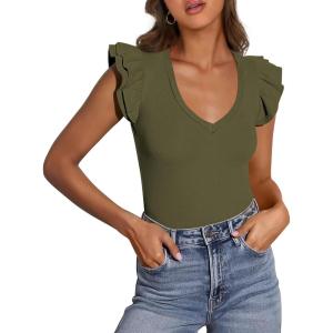imagePRETTYGARDEN Womens V Neck Summer Tops Ruffle Sleeveless Slim Fit T Shirts Going Out Casual Blouses 2025Army Green