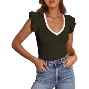 imagePRETTYGARDEN Womens V Neck Summer Tops Ruffle Sleeveless Slim Fit T Shirts Going Out Casual Blouses 2025Dark Army Green