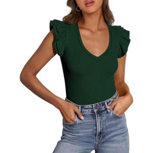 imagePRETTYGARDEN Womens V Neck Summer Tops Ruffle Sleeveless Slim Fit T Shirts Going Out Casual Blouses 2025Dark Green