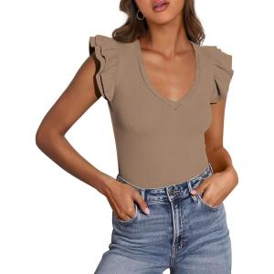 imagePRETTYGARDEN Womens V Neck Summer Tops Ruffle Sleeveless Slim Fit T Shirts Going Out Casual Blouses 2025Khaki