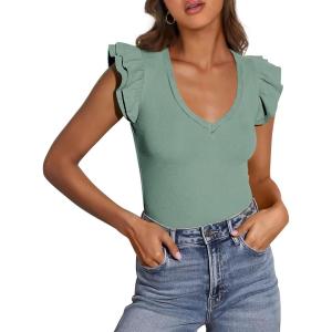 imagePRETTYGARDEN Womens V Neck Summer Tops Ruffle Sleeveless Slim Fit T Shirts Going Out Casual Blouses 2025Light Green