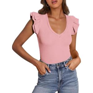 imagePRETTYGARDEN Womens V Neck Summer Tops Ruffle Sleeveless Slim Fit T Shirts Going Out Casual Blouses 2025Pink