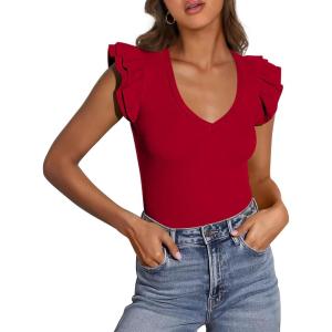 imagePRETTYGARDEN Womens V Neck Summer Tops Ruffle Sleeveless Slim Fit T Shirts Going Out Casual Blouses 2025Red