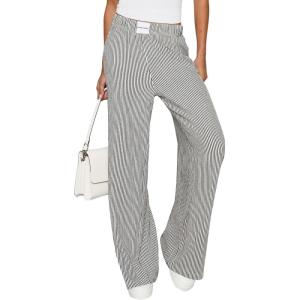 imagePRETTYGARDEN Womens Wide Leg Striped Pants 2025 Fall Casual High Waisted Baggy Palazzo Lounge Trousers Fashion BottomsBlack