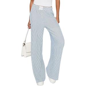 imagePRETTYGARDEN Womens Wide Leg Striped Pants 2025 Fall Casual High Waisted Baggy Palazzo Lounge Trousers Fashion BottomsLight Blue