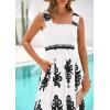 imagePRETTYGARDEN Womens Summer Boho Maxi Dress 2025 Casual Sleeveless Square Neck Floral Aline Smocked Beach Dresses with PocketsFloral White Black
