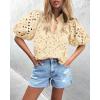 imagePRETTYGARDEN Womens Summer Tops 2025 Dressy Casual Short Sleeve V Neck Buttons Hollow Out Lace Embroidered Blouses ShirtsBeige
